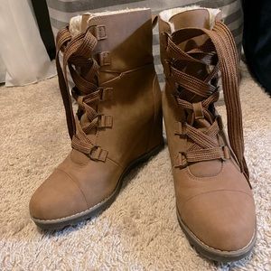 Camel lace up wedge booties
